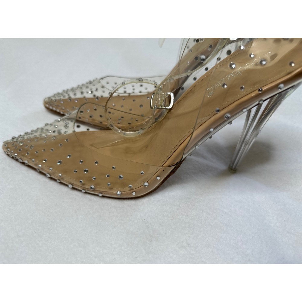 Pumps Womens 11 Tan Clear Rhinestone Ankle Strap Stiletto Heels Good